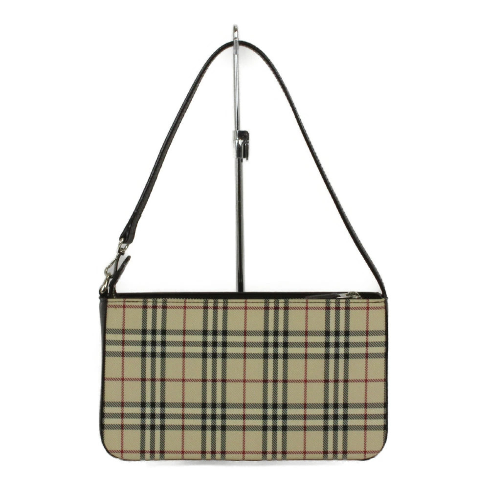 Burberry Check Horizontal Handbag Canvas Hobo Black Beige Nova Leather